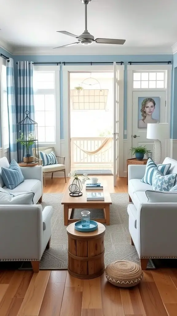 A coastal-inspired living room with blue and white decor, featuring light blue walls, white sofas, and natural wooden accents.