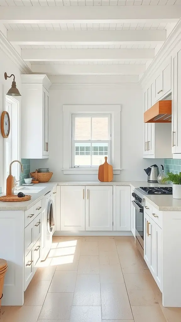 A bright, airy kitchen featuring white cabinetry, light wood accents, and an aqua backsplash.