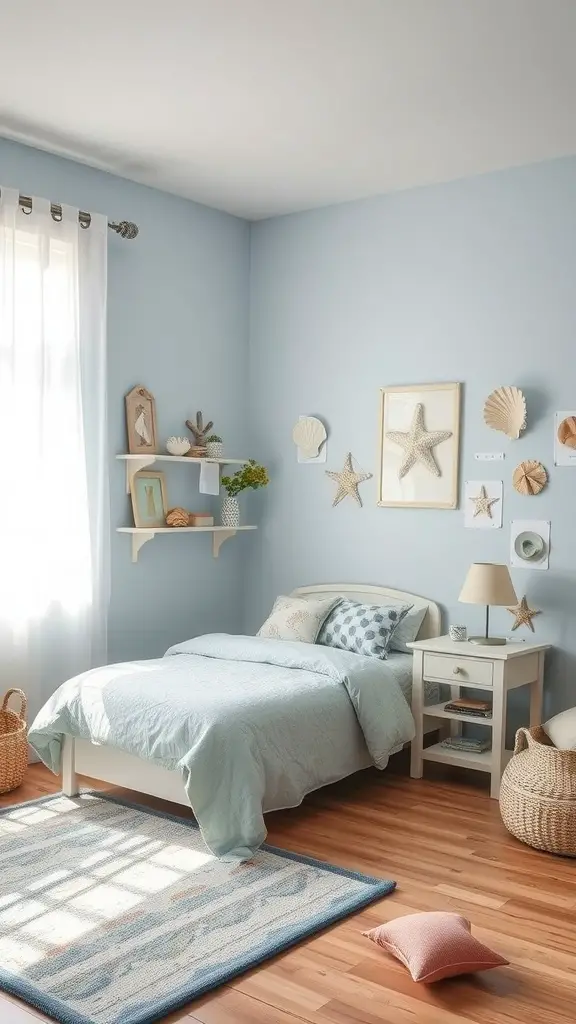 A serene teenage room designed as a coastal retreat with light blue walls, a cozy bed, and beach-themed decor.