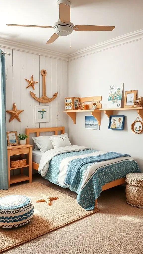 A cozy bedroom with nautical decor featuring a wooden bed, blue bedding, starfish wall art, and a soft area rug.