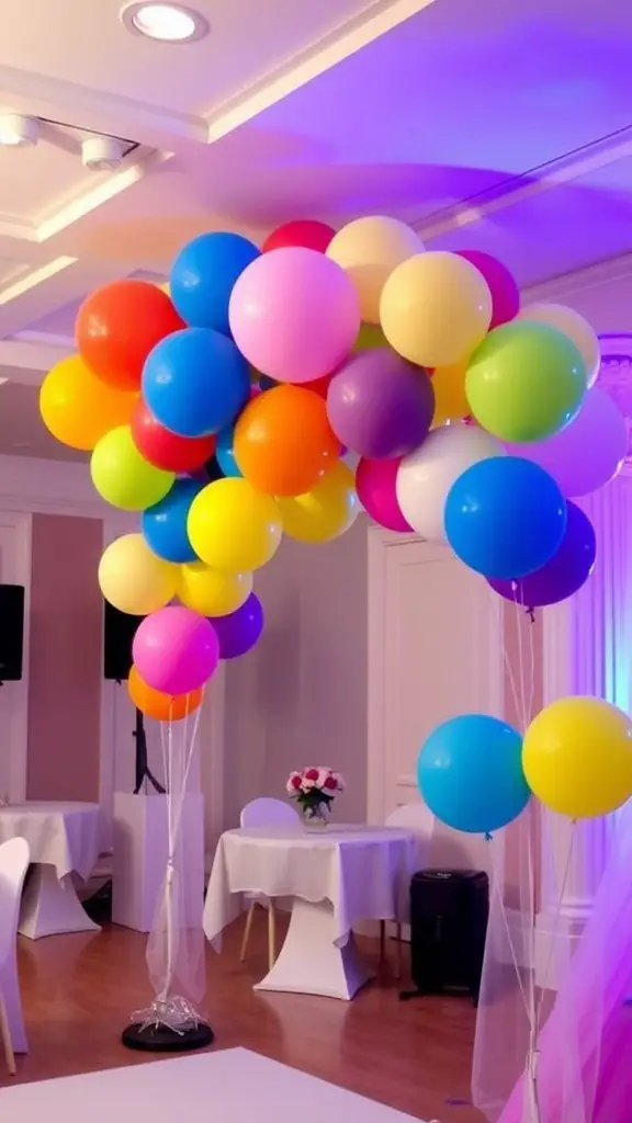 Colorful balloon installation for wedding decor, featuring various shades and sizes
