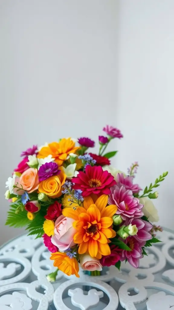 A vibrant bouquet of mixed flowers including sunflowers, roses, and daisies.