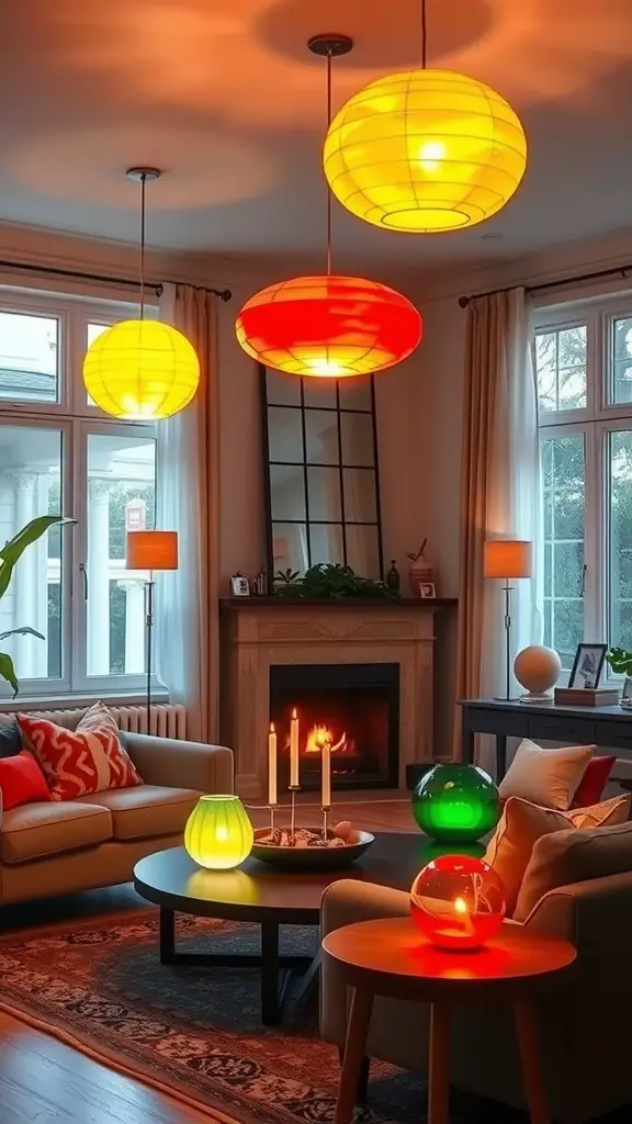 A bright living room featuring colorful glass lamps in pink and green, creating a cheerful atmosphere.