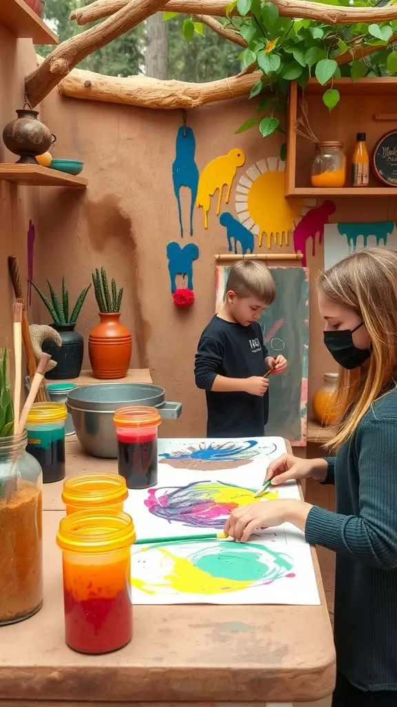 Two children painting with colorful mud in a mud kitchen setup.