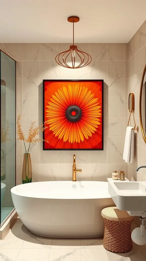 A bright bathroom featuring a large orange artwork above a white bathtub, with plants and an orange rug.