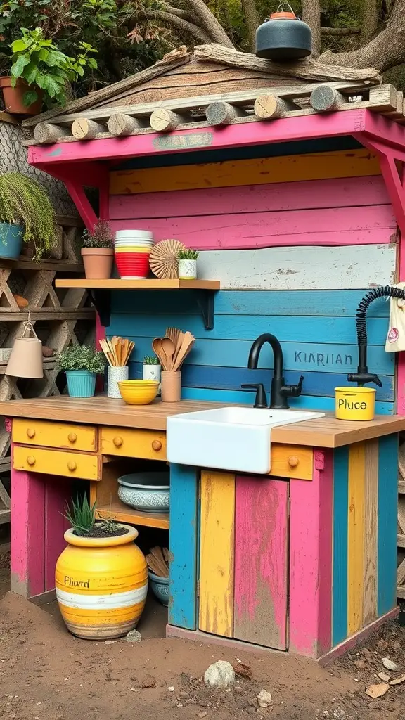 A vibrant DIY pallet mud kitchen with colorful decorations, pots, and a sink surrounded by plants.