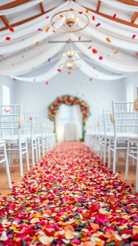 A wedding aisle decorated with colorful petal confetti, leading to a floral arch.