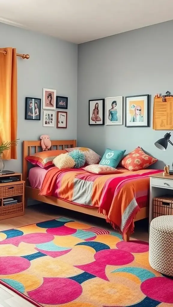A cozy teenage bedroom featuring a colorful rug, bright pillows, and a welcoming bed setup.