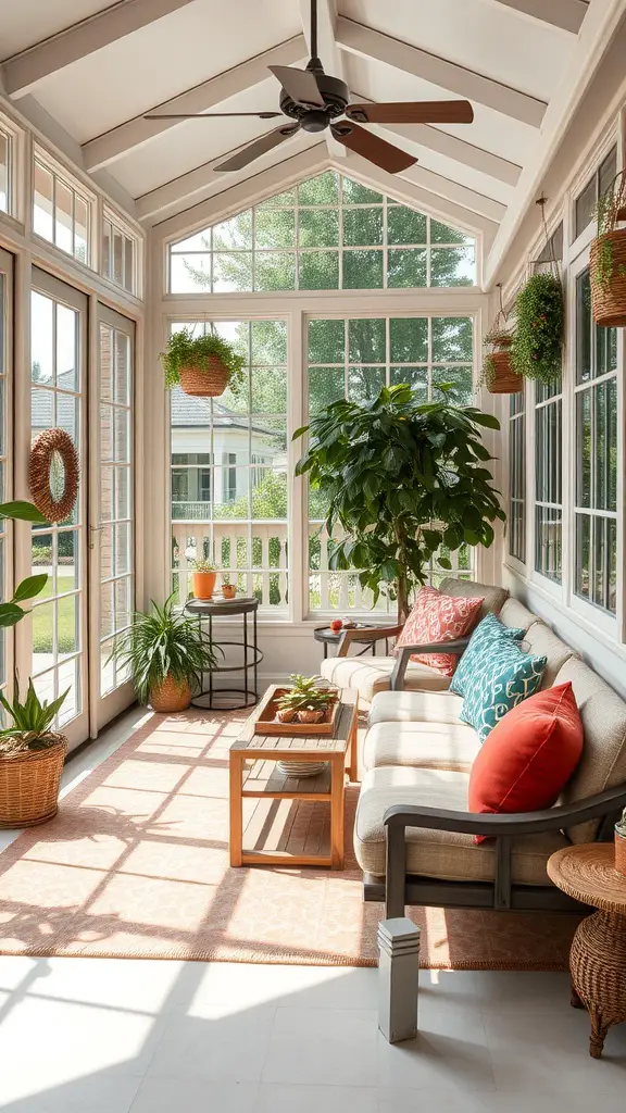 A bright sunroom with comfortable cushioned seating, colorful pillows, and plants.