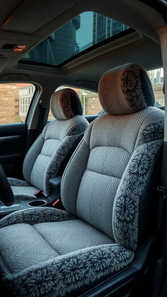 Cozy car interior with plush patterned seat covers