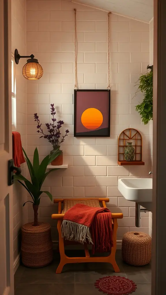 A cozy bathroom with a warm glow, featuring a comfortable wooden chair, a classic bathtub, and woven baskets.