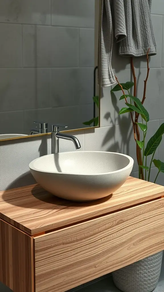 A light-colored concrete basin with organic shapes on a wooden vanity, surrounded by a plant and a mirror.