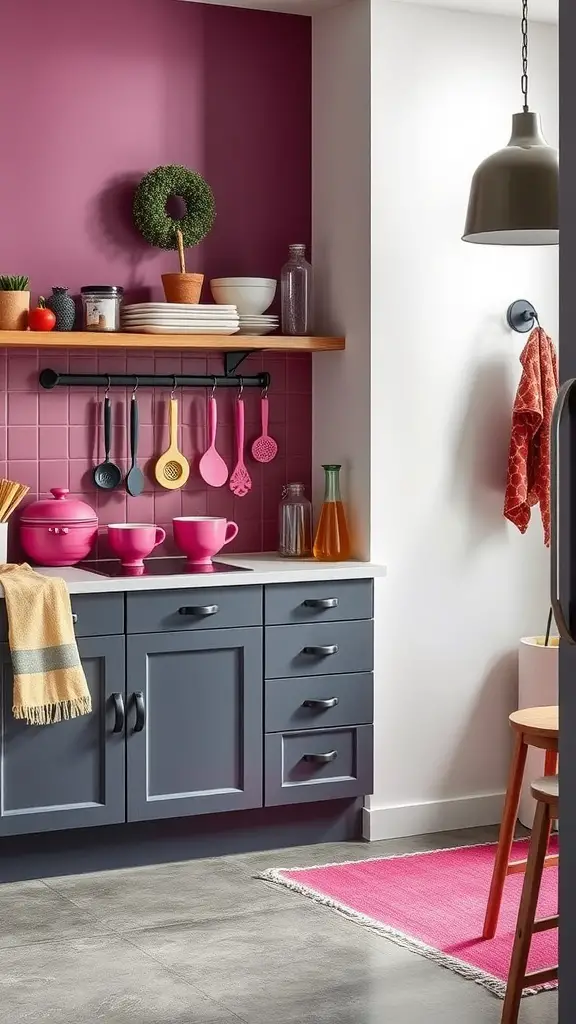 Modern kitchen with concrete floors and fuchsia decor elements