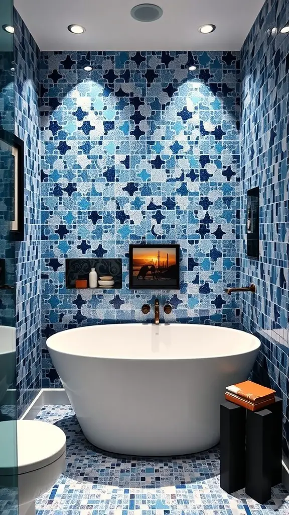 A contemporary bathroom with blue mosaic tiles, clean lines, and modern fixtures.