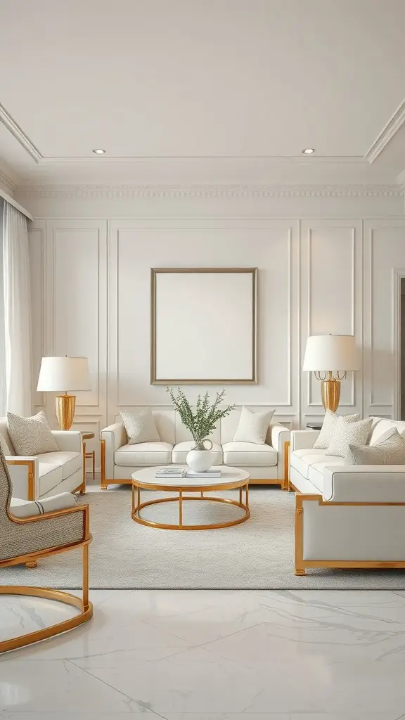 A contemporary living room featuring gold and white furniture with a modern aesthetic.