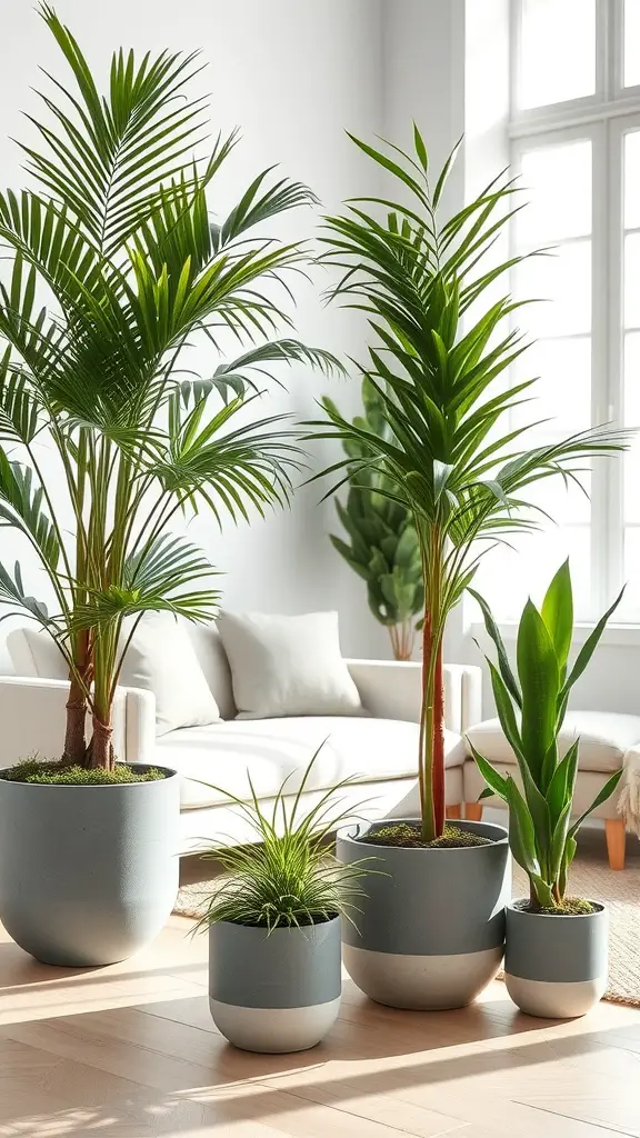 A stylish arrangement of grey and white potted plants in a contemporary living room.