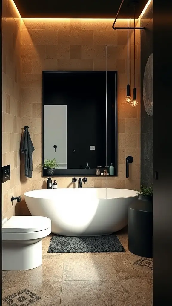A stylish bathroom featuring light beige tiles contrasted with bold black accents, including fixtures and a ceiling.