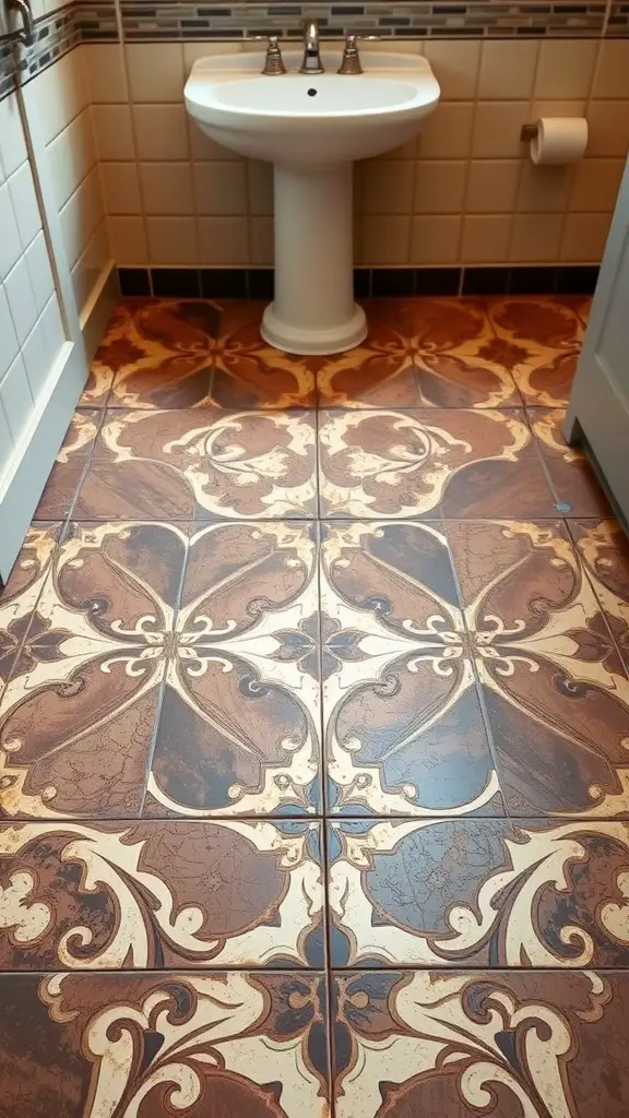 Stylish bathroom floor featuring chocolate and cream patterned tiles, complemented by a white sink.