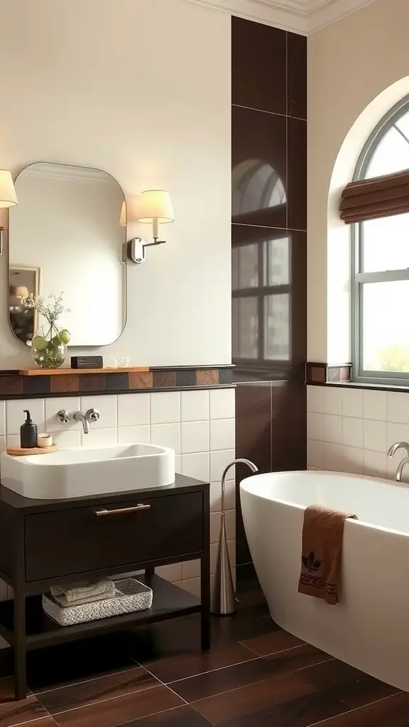 A modern bathroom featuring a chocolate vanity and cream walls, with a bathtub and minimalist sink.