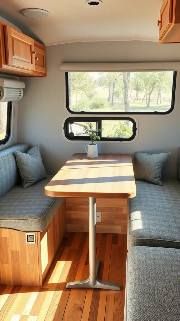 Cozy dining area in a small camper with a wooden table and cushioned seating.