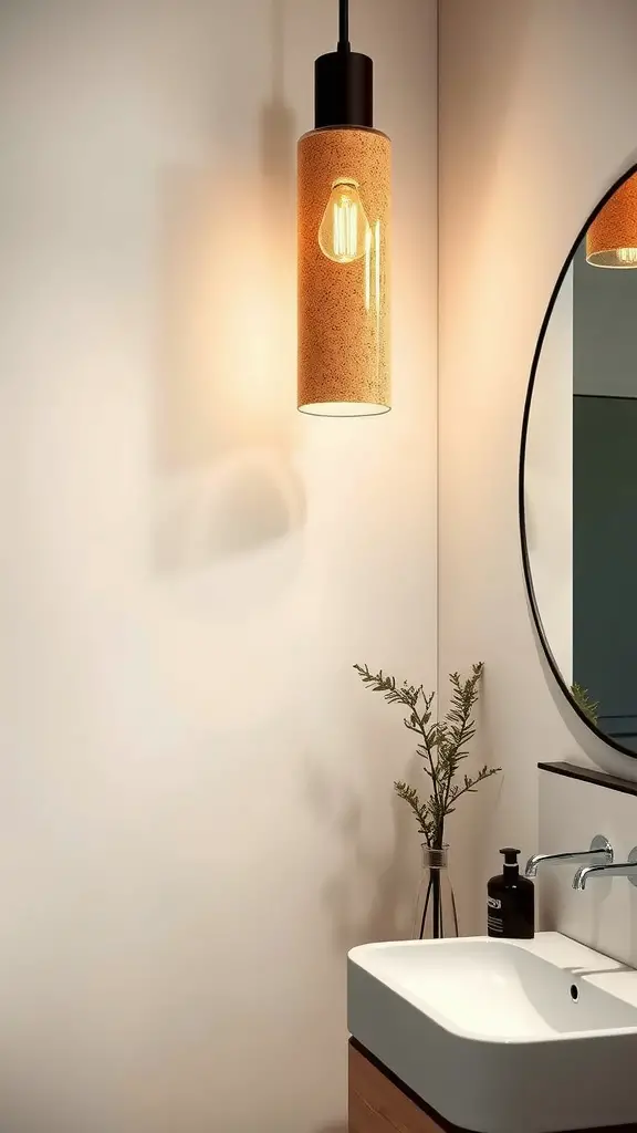 A cork and glass pendant light above a modern sink in a bathroom