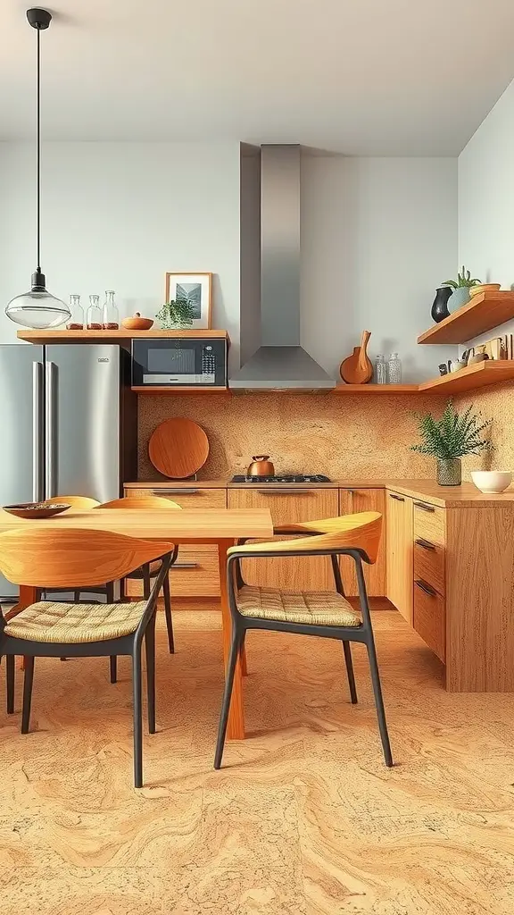 A modern kitchen featuring cork flooring with wooden furniture and sleek design elements.