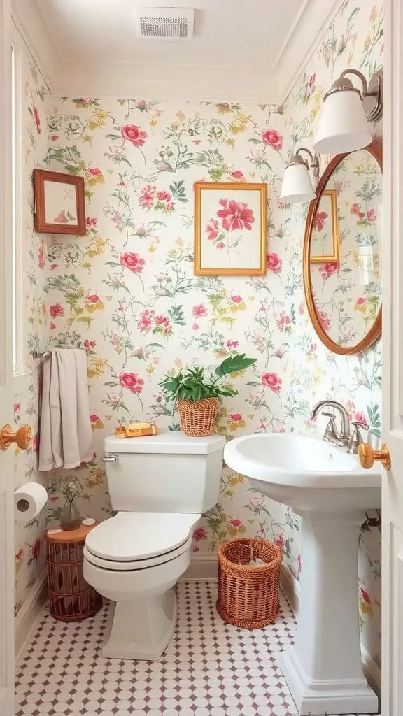 A cozy bathroom featuring floral wallpaper, classic fixtures, and natural elements.