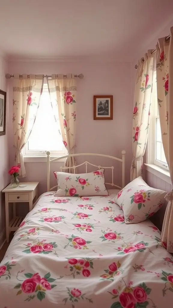 Cozy bedroom with floral patterns on bedspread and curtains, light pink walls, and a small nightstand.