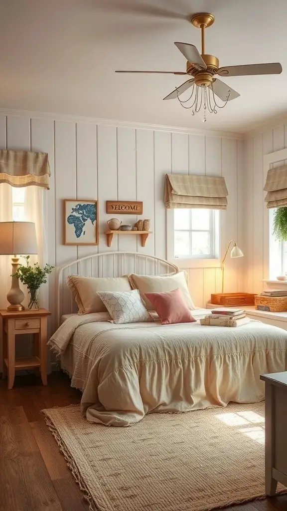 Cozy cottage-style bedroom with warm colors and inviting decor.