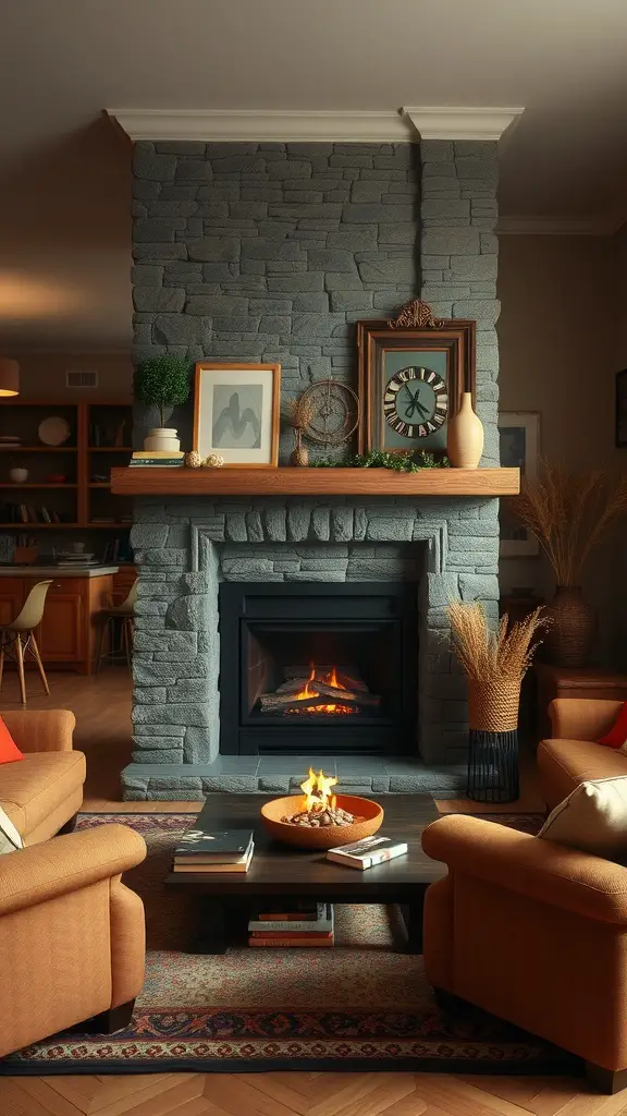 A cozy fireplace setup with a stone wall, warm lighting, and comfortable seating.