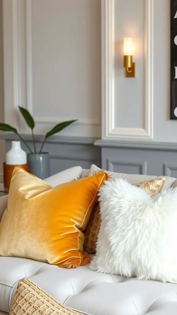 A cozy arrangement of gold and white throw pillows on a stylish couch, showcasing different textures and designs.
