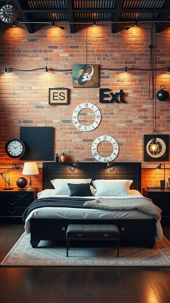 A cozy industrial loft bedroom with exposed brick walls, stylish lighting, and modern furniture.