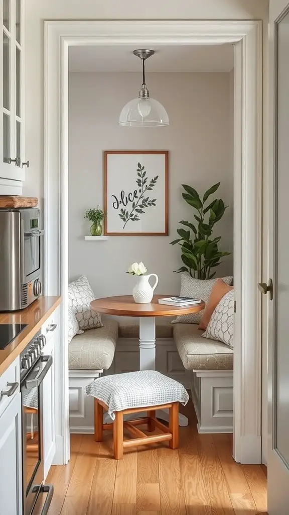 Cozy kitchen nook with a round wooden table, cushioned benches, and plant decor.