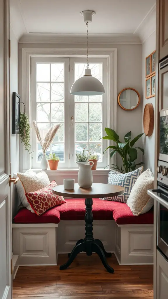 A cozy kitchen nook with red cushions, a round table, and greenery by the window.