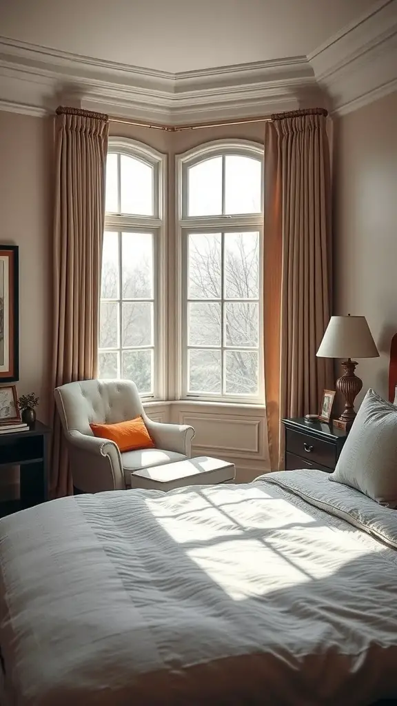 Cozy reading nook by the window in a master bedroom with soft lighting and a comfortable armchair.