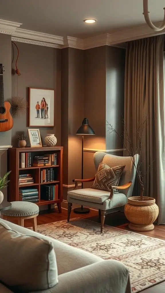 A cozy reading nook featuring a grey chair with a blanket, a floor lamp, and a wooden bookshelf filled with books.