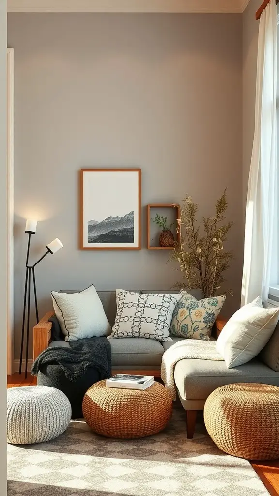 A cozy living room with a light-colored sofa, earthy cushions, a wooden coffee table, and natural light streaming in through the curtains.