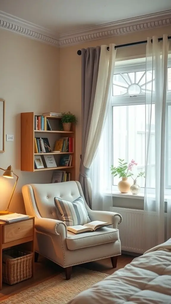 Cozy reading corner with a comfortable armchair, bookshelf, and window.