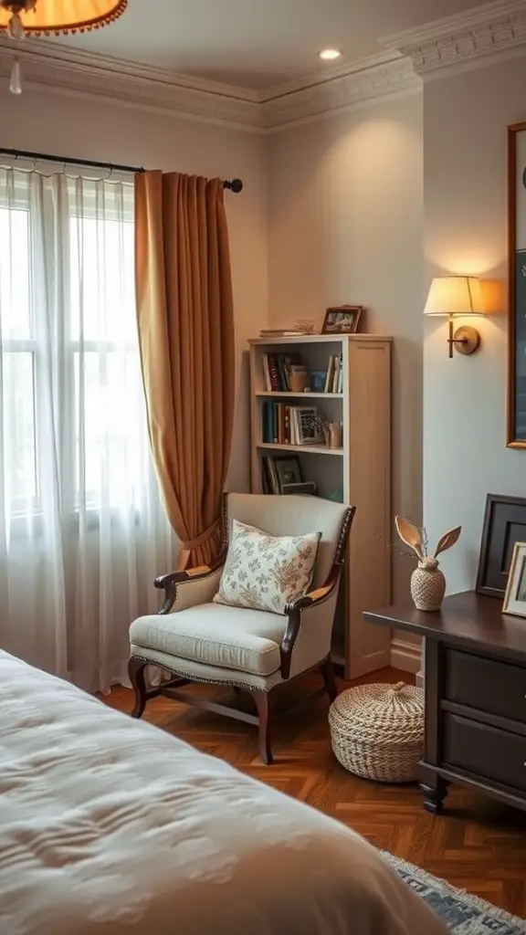 A cozy reading nook with an armchair, small bookshelf, and warm lighting in a bedroom.