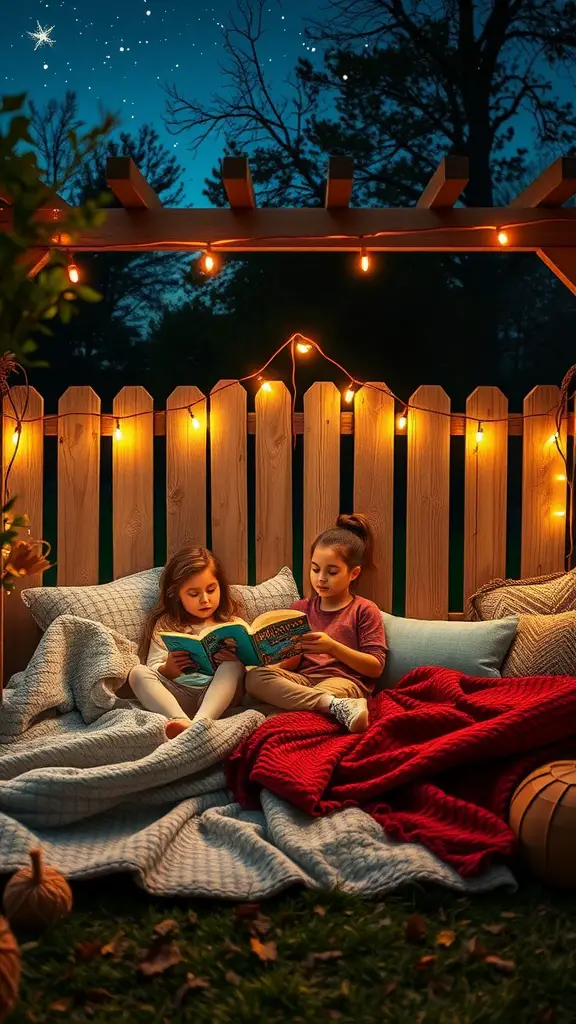 Two kids reading in a cozy outdoor nook with pillows and blankets under string lights at night.