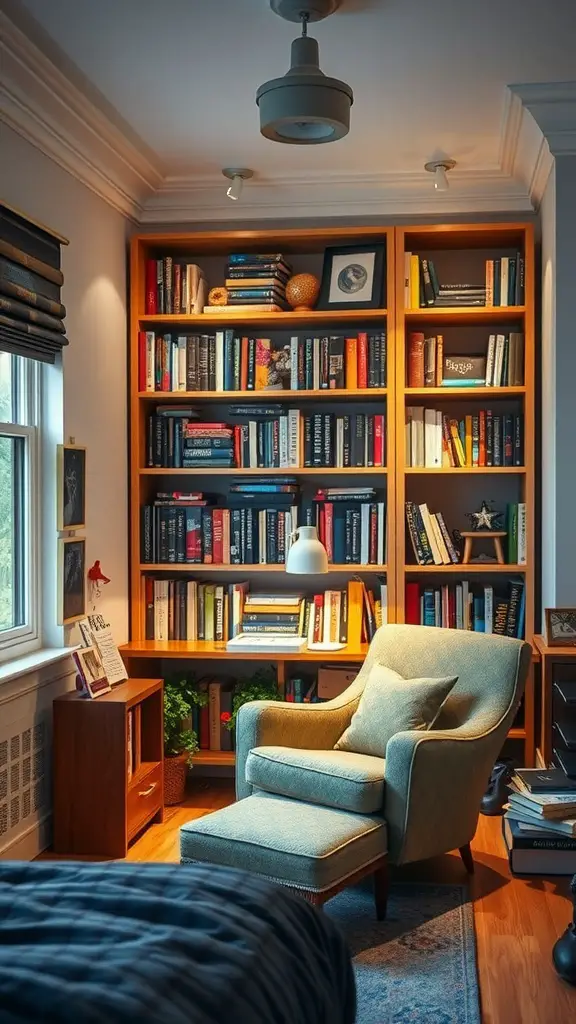 A teenage boy reading a book in a cozy nook with bookshelves, soft lighting, and a relaxed atmosphere.