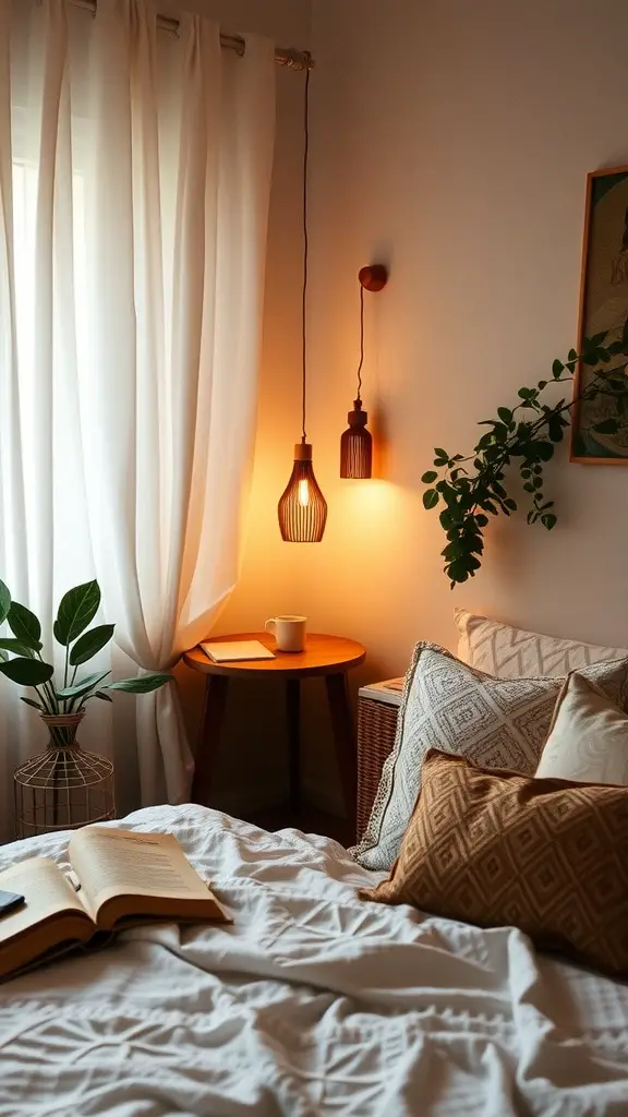 Cozy reading nook with soft pillows, a book, and warm lighting