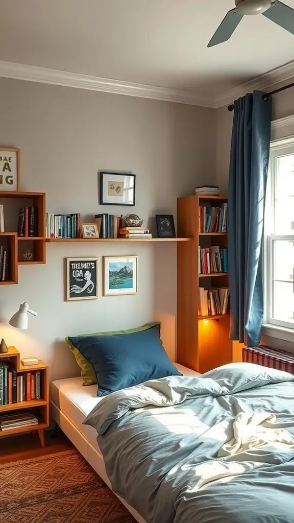Cozy boy's room with a reading nook, featuring a bookshelf, cushions, and a window with plants.