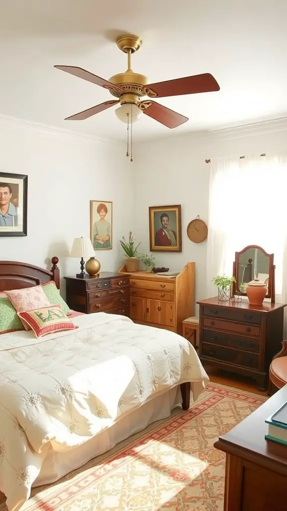 Cozy vintage bedroom with floral wallpaper, wooden furniture, and family portraits.