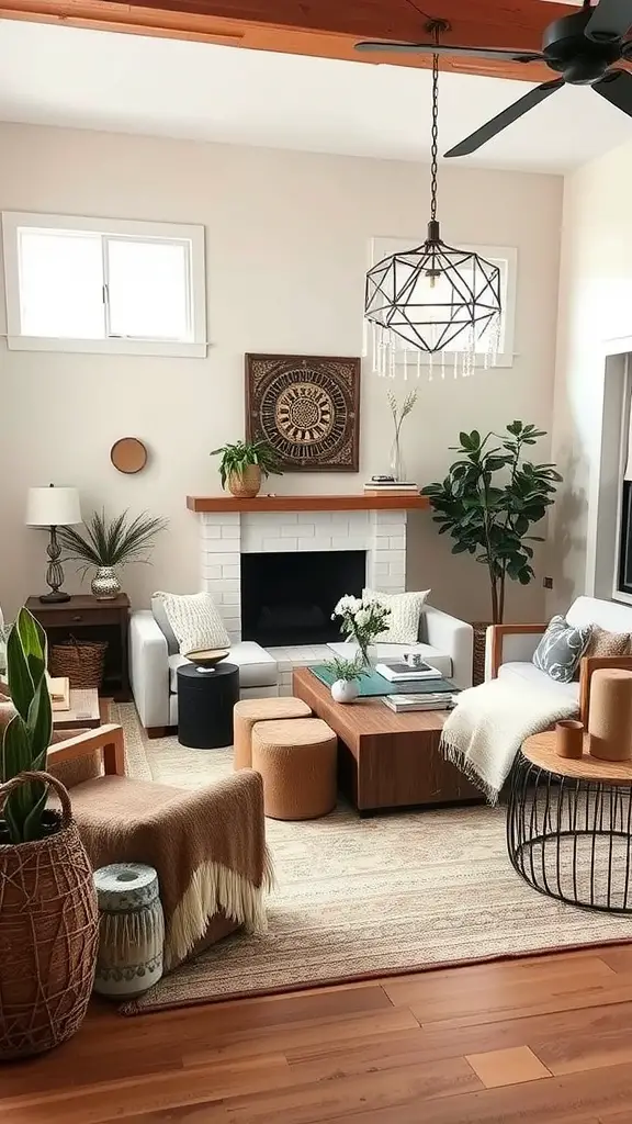 Living room featuring Creamy Almond walls, wooden beams, cozy furniture, and a fireplace.