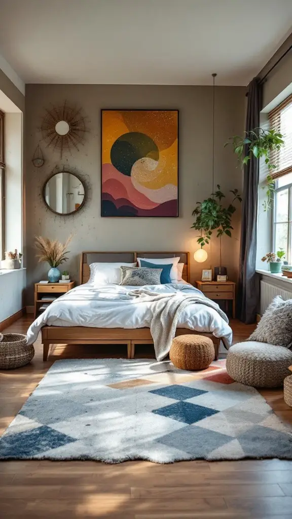 Cozy bedroom with two rugs creating distinct zones for sleeping and working