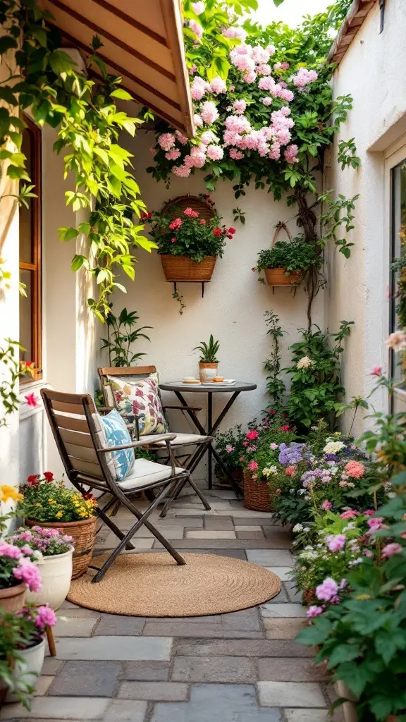 Cozy seating area with wooden chairs and flowers