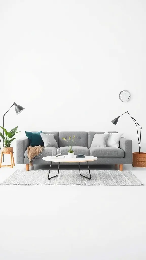 A minimalist living room featuring a grey couch, green plants, a coffee table, and modern lighting.