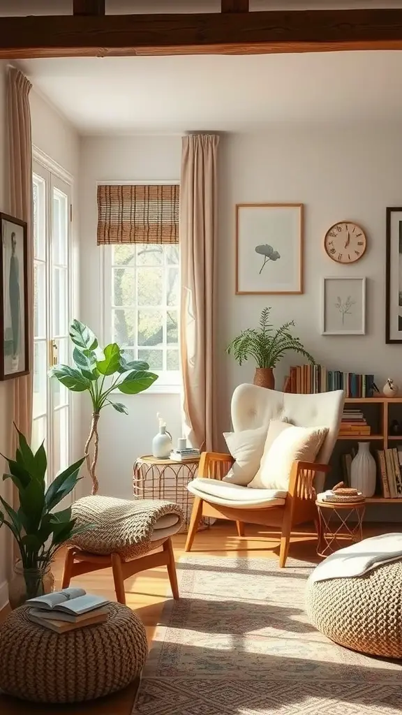 Cozy reading nook with natural textures, plants, and warm light