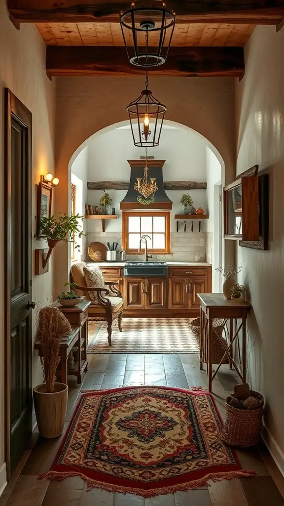 A cozy entryway leading to a rustic kitchen with wooden beams, a vintage area rug, and plants.